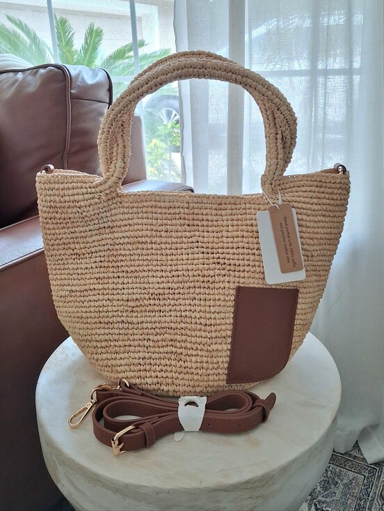 Handmade Handbags - 🌺 Beautiful Woven Raffia Satchel Tote Bag with Genuine Leather Accents 🌺